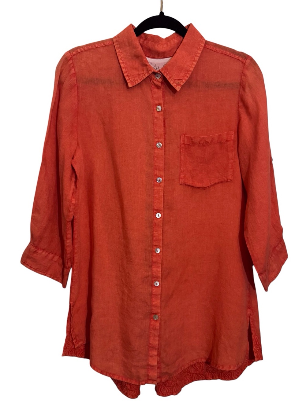 Kyla Seo Size Small Orange Linen Embroidered Button Up Top Boho Blouse Floral
